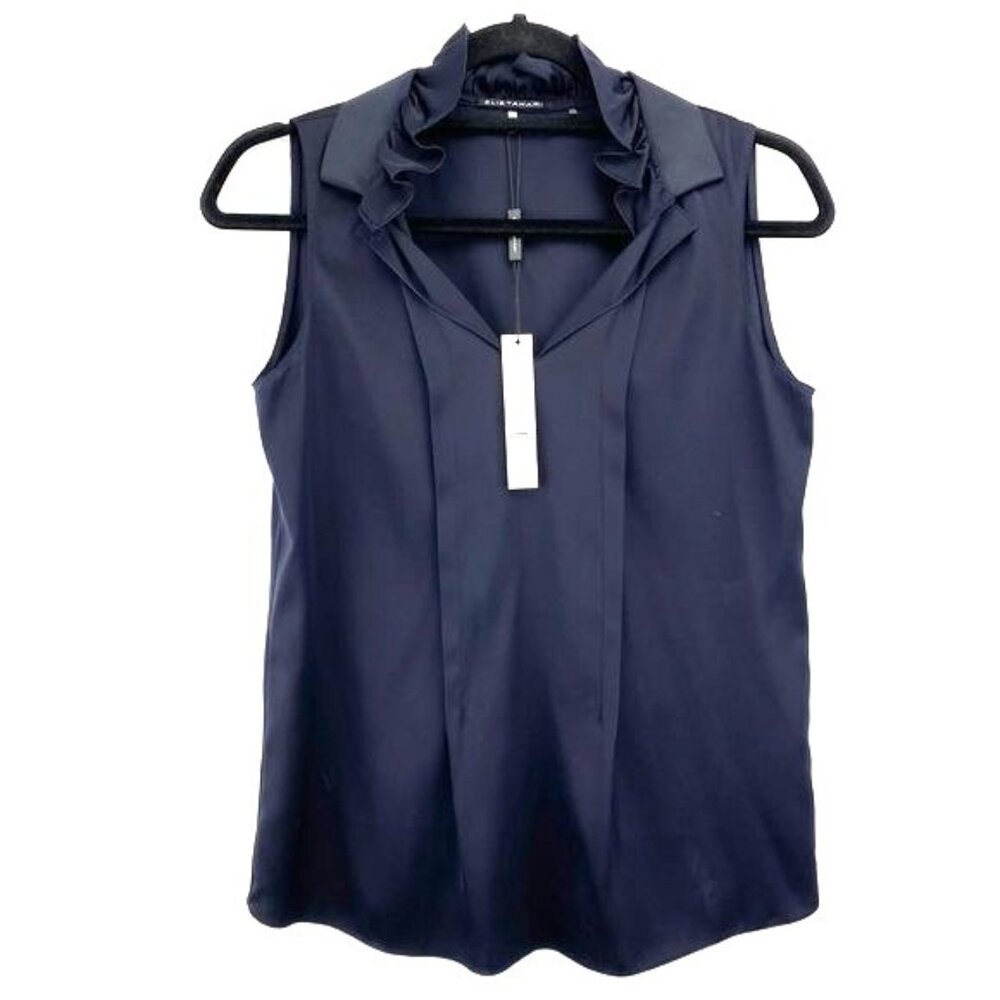 Elie Tahari Womens Olivia Navy Ruffled Sleeveless Blouse Size XS Silk/Elastane